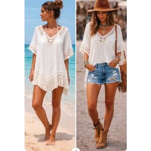Chico's White Crochet Lace Trim Fringe Tunic Top Beach Cover Up Size 2- Large